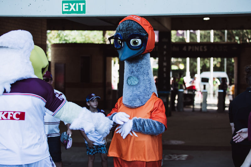 VoltX Energy mascot Eddie high-fiving a fellow mascot near the entrance at 4 Pines Park