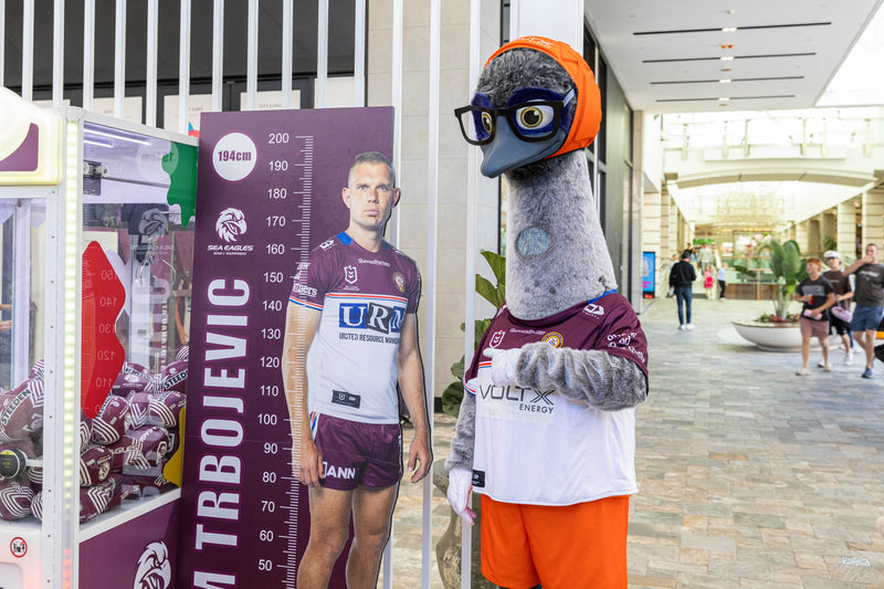 VoltX Energy mascot Eddie with Sea Eagles mascots Ellie and Egor at a Westfield Warringah Mall meet and gree