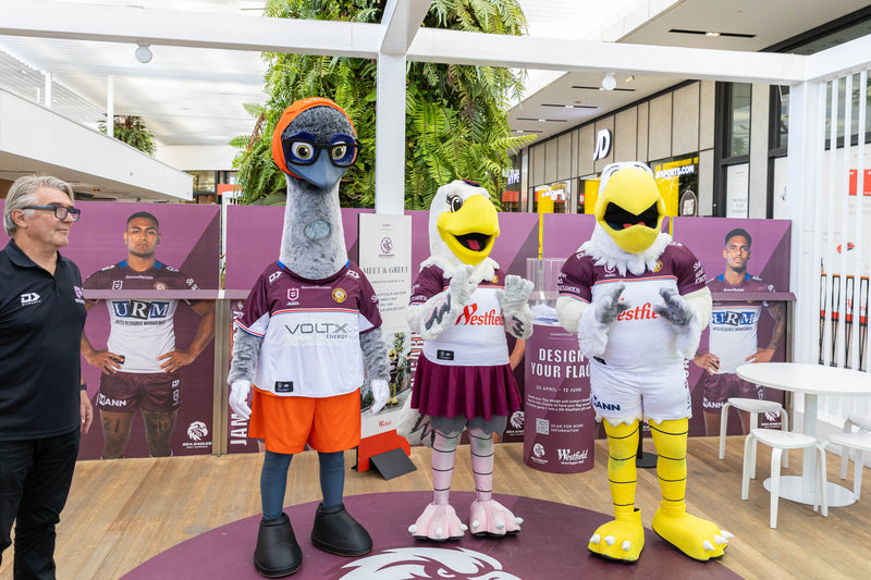 VoltX Energy mascot Eddie with Sea Eagles mascots Ellie and Egor at a Westfield Warringah Mall meet and greet